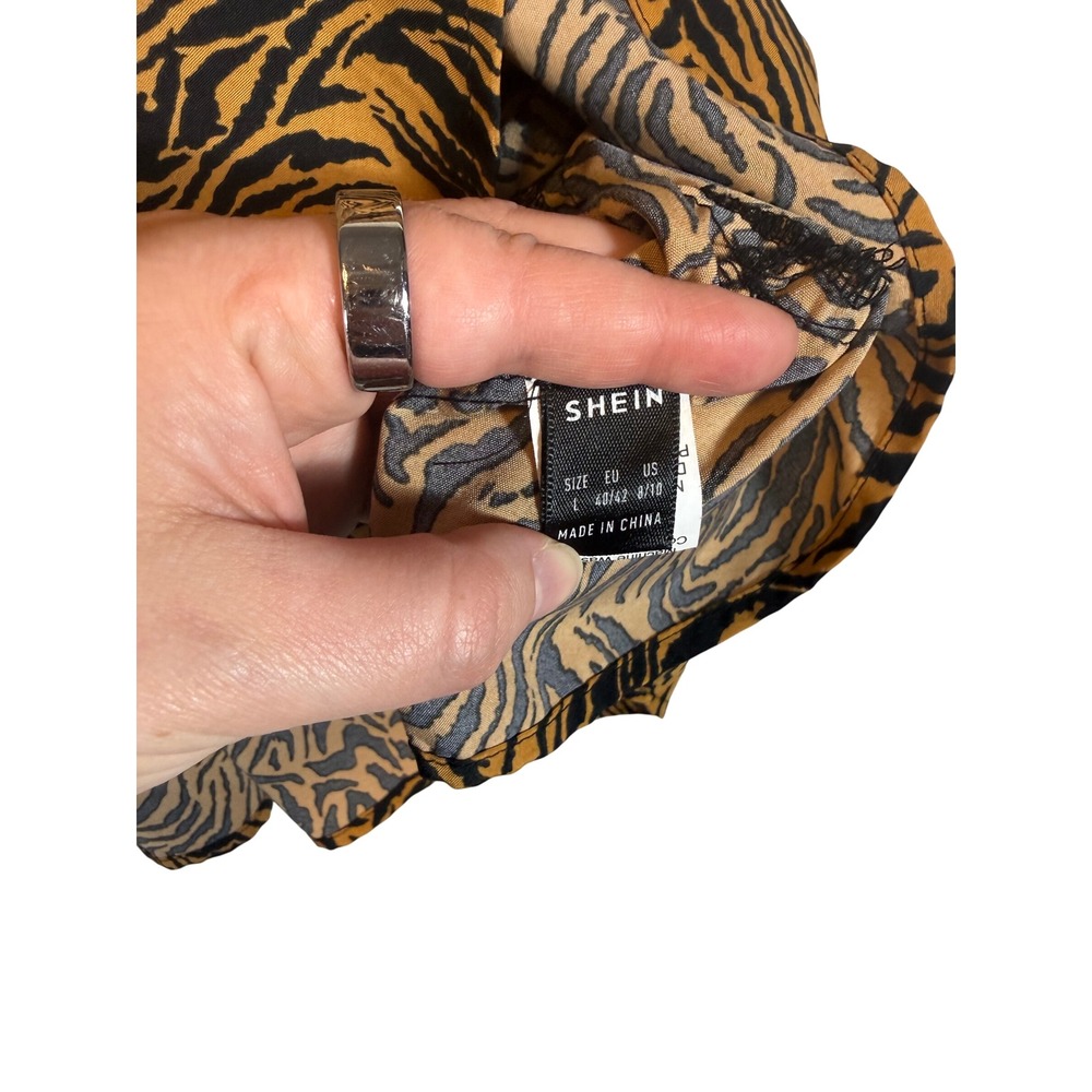 Women Tiger Print Mini Dress Orange Black Long Sleeve Tiered Babydoll L - Picture 3 of 4